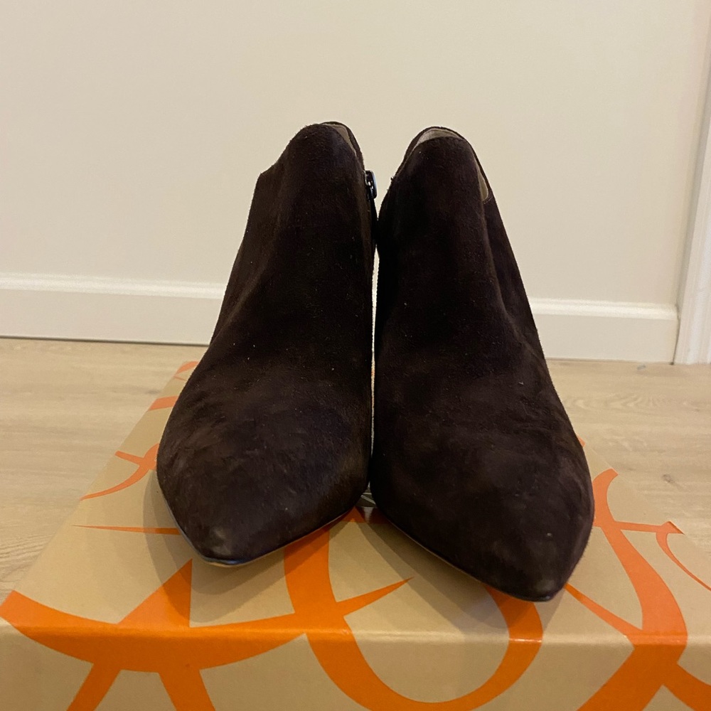 Dark brown suede ankle boots, never worn, new in box.  About 3 inch heel